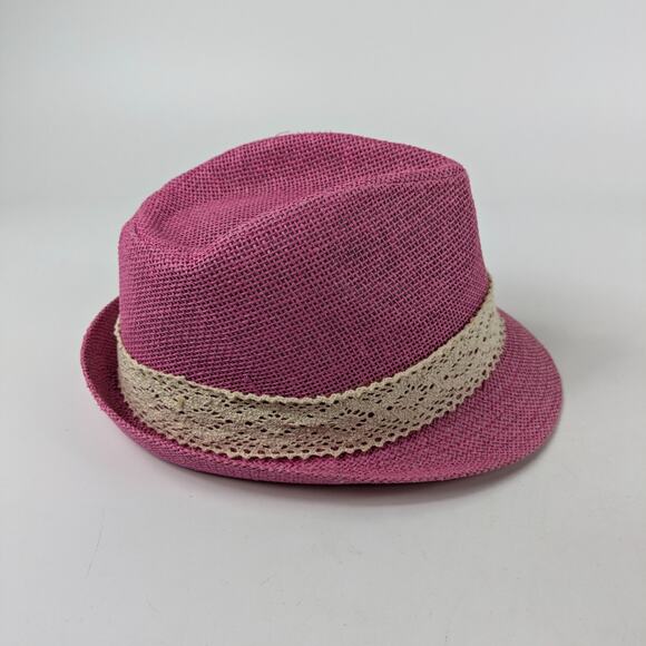 Womens Pink Straw Fedora Hat Hatter Company Ivory Lace Bow One Size Cap Trilby - Picture 4 of 8